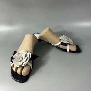 Zalo Black Leather Suede Flower Decorated Kitten Sandals, Size 8.5